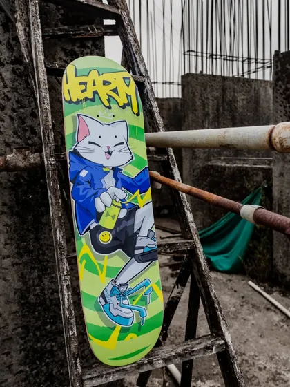 The Hearty Skateboards deck, propped up and ready to roll. I designed this to look just as good on the street as it does hanging on a wall.