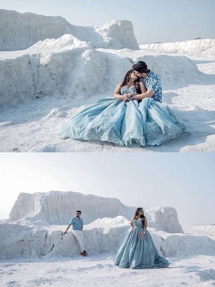 Celebrating love with a pre-wedding photoshoot. The bride-to-be wears my dusty blue ball gown, which looks stunning against the unique white, snowy landscape.