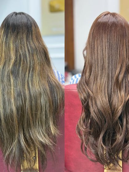 This before and after shows a color correction on previously lightened hair, resulting in a uniform and luxurious chocolate brown.