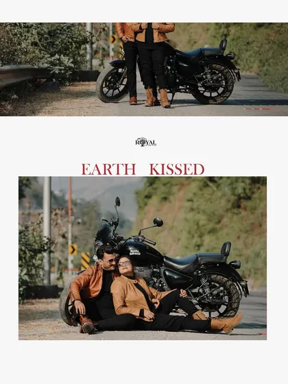 A collage showing a couple relaxing by their Royal Enfield on a mountain road, with an 'Earth Kissed' theme that complements their rustic outfits.