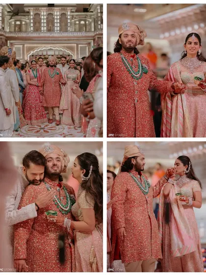A collage of moments from the pre-wedding rituals, showing Anant's entry and interactions with family. These images capture the vibrant traditions and the strong family bonds that were central to the celebration.