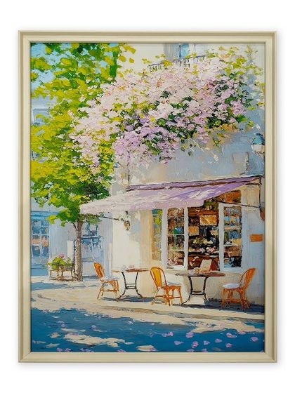 This vibrant print of a sunlit cafe scene is produced on my high-quality canvas paper. I've framed it with a clean, white HDPS finish frame that feels effortless and doesn't distract from the charming view.