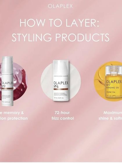 To maintain your hair's health at home, I recommend a layering system from Olaplex. Using products like the No. 6 Bond Smoother and No. 7 Bonding Oil helps control frizz and add shine while continuing to protect your hair.
