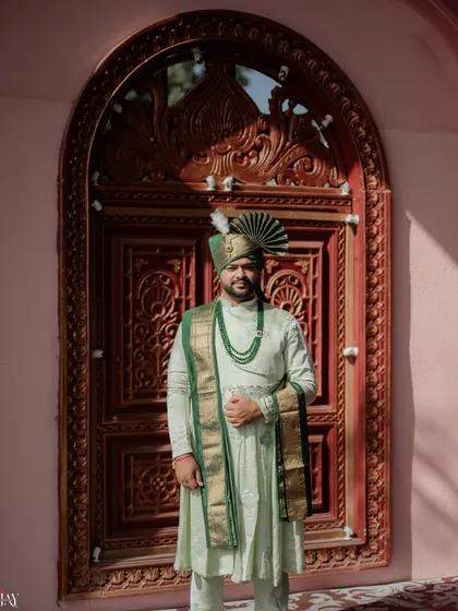 A regal portrait of the groom in his traditional Marathi attire, complete with a green turban (pheta) and shawl. He stands before an ornate wooden door, adding to the historic and royal feel of the photograph.