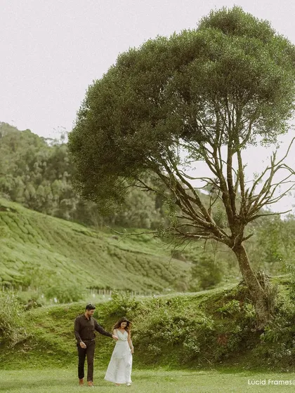 A walk through the vast, green expanse of a tea estate. We use stunning landscapes to frame your story, creating cinematic and breathtaking pre-wedding photographs.