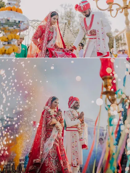The wedding ceremony is full of grand, celebratory moments. This collage captures the energy of Harsh and Riya's wedding, from the rituals to the explosive joy of their union under a shower of sparkles.