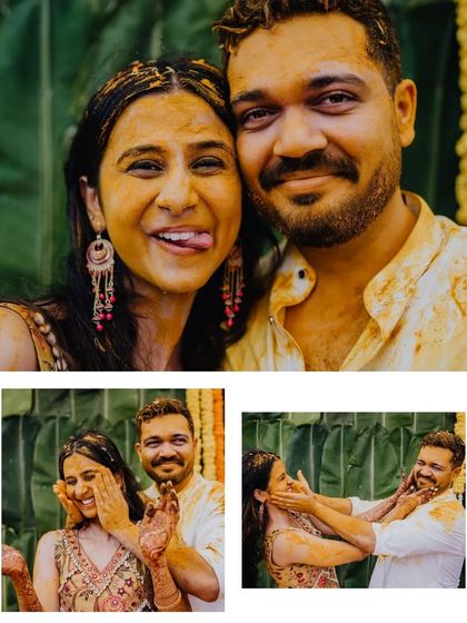 The playful side of love. Shaurya and Deeksha having fun during their Haldi ceremony, smearing turmeric on each other with big smiles.