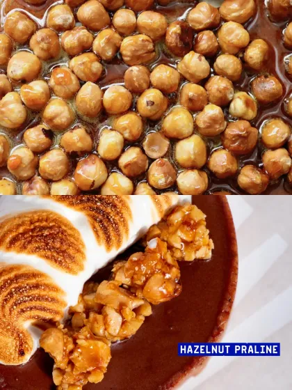 The crunchy hazelnut praline that adds texture and nutty flavour to our S'mores Tart.