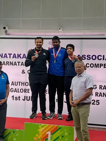 Our shooters on the podium at the Karnataka State Championship 2025, a testament to their skill and our rigorous training programs.