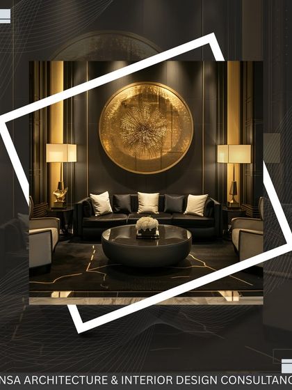 A living room that exudes power and luxury. The black and gold color scheme, statement wall art, and symmetrical arrangement of furniture create a space that is both bold and perfectly balanced.