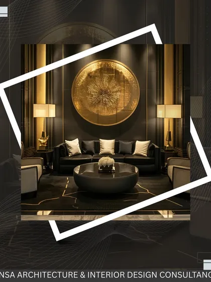 A living room that exudes power and luxury. The black and gold color scheme, statement wall art, and symmetrical arrangement of furniture create a space that is both bold and perfectly balanced.