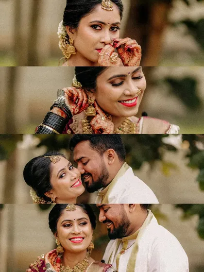 A collage capturing the bride's preparations and the couple's tender moments, telling a story of their wedding day.
