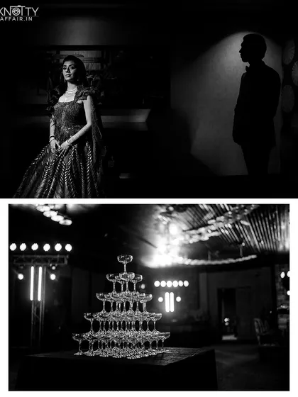A dramatic, award-winning black and white portrait of a couple, alongside a shot of a champagne tower. This shows our ability to create fine art images.