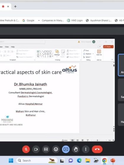 A view of the virtual presentation setup for my webinar with Altius Hospital. Digital platforms allow me to reach and educate a wider audience on important skin health topics.