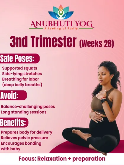 In the 3rd trimester, our focus shifts to relaxation and preparation for labor. I guide you through safe poses like supported squats and side-lying stretches, while teaching deep belly breathing techniques that relieve pelvic pressure and help you bond with your baby.
