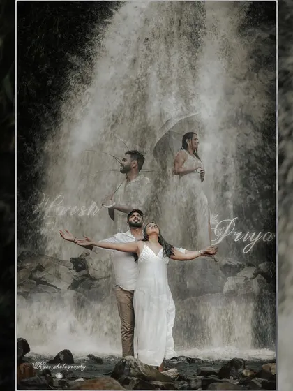 A creative double exposure pre-wedding photo with a stunning waterfall as the backdrop. This artistic shot blends multiple moments into one, telling a story of love and nature.