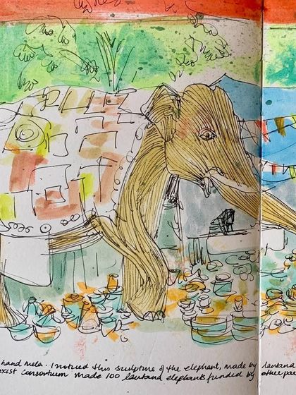 Another artist's take on the elephant sculpture, rendered in warm, earthy watercolours.