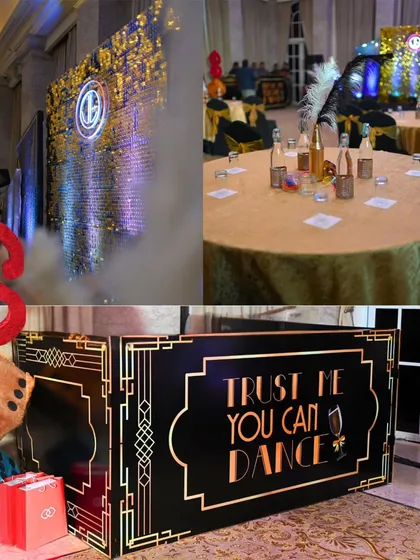 A custom bar front with the phrase 'Trust Me You Can Dance' and a sequin panel with the event logo. These playful, custom details add personality and create great photo opportunities.