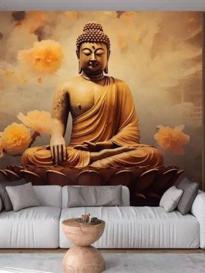 A serene and balanced composition featuring a golden Buddha on a lotus, perfect for creating a peaceful and harmonious living space.