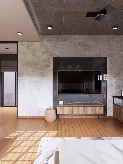 A bedroom concept with an industrial-chic vibe, using concrete-finish walls, a wooden floor, and pops of rust orange in the furniture.