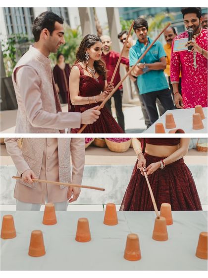 The couple participating in a traditional game, surrounded by cheering friends and family. These activities are a great way to break the ice and create fun, shared memories.
