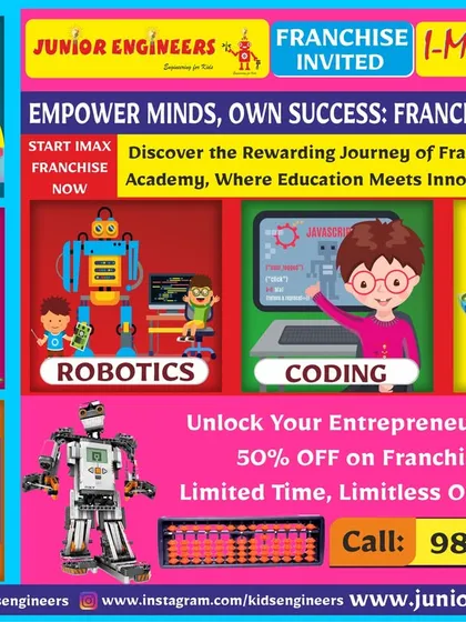 Our partnership opportunity extends beyond robotics and coding. Through our I-Max Academy brand, your franchise can offer a diverse portfolio of courses including Abacus, Vedic Maths, and Smart English. This image showcases the potential to build a multi-faceted education center that caters to a wide range of student needs and interests.