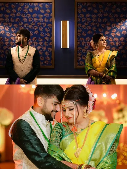 A collage showing a Maharashtrian couple in their wedding attire. I capture both posed portraits and candid, loving glances to provide a complete story of their day.
