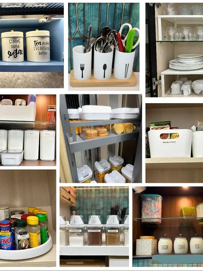 An "All White" kitchen mood board. We use products from various stores to create a clean, cohesive look with white bins, canisters, and shelf risers for a bright and airy feel.