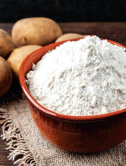 A bowl of my potato powder, made from ground, dehydrated potatoes. It's a wonderful, all-natural additive for soaps and cosmetics, known for its skin-brightening properties.