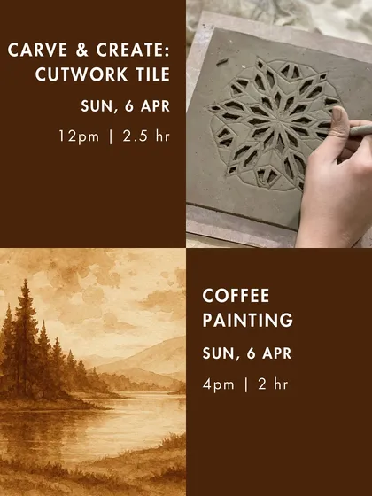 Our April calendar also offered a "Carve & Create" cutwork tile session and a unique coffee painting workshop.