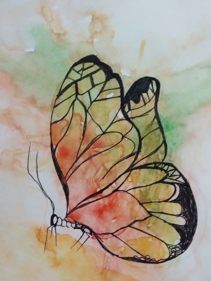 This transparent butterfly was painted using interesting watercolour techniques. We experiment with letting colours bleed into each other to create beautiful, unpredictable effects.