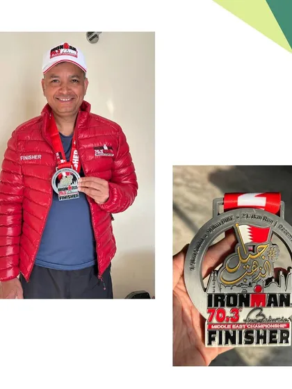 Alok with his finisher medal from the Ironman 70.3 Bahrain, where he achieved a personal best. The journey is long, but the rewards are worth every mile.