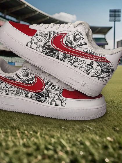 The finished cricket sneakers, looking right at home on a cricket pitch. This is the ultimate footwear for watching a match.