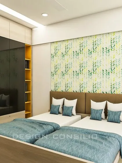 A bedroom designed for two children, featuring twin beds and a large wardrobe with a reflective finish. The green and yellow leaf-patterned wallpaper adds a fresh and youthful feel.