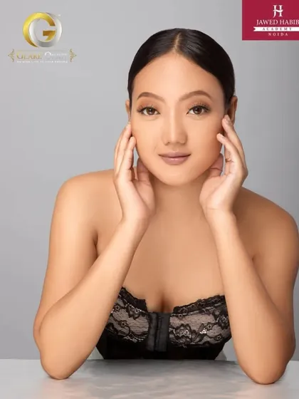 A model from the Miss Glare India 2022 pageant, with her makeup and hair done by our students.