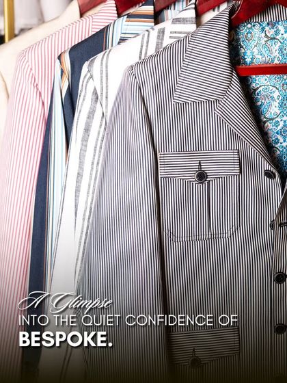 A glimpse into the quiet confidence of bespoke. This image shows a lineup of striped jackets, each with a unique character and a subtle, patterned lining.