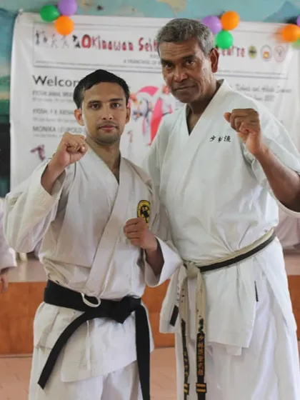 With a fellow senior instructor at a Seibukan karate seminar. These events are crucial for maintaining high standards and strengthening our community.