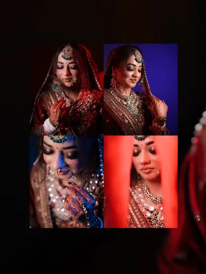 A creative collage of bridal portraits. This composition shows different angles and expressions, using dramatic lighting to create a modern and artistic tribute to the bride's beauty.