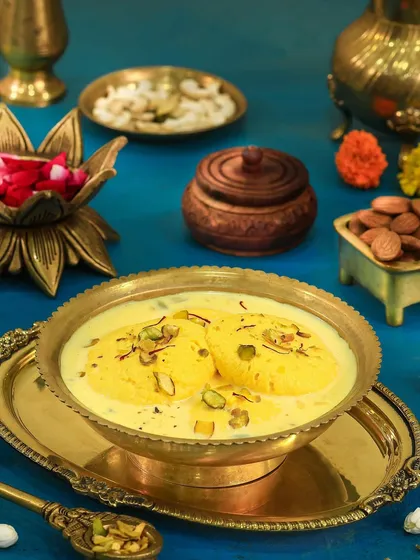 Rasmalai is all about that creamy, milky texture. I styled this shot in a traditional brass bowl to enhance its golden colour and garnished it with pistachios for a pop of green.
