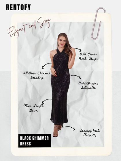 A breakdown of our black shimmer dress. This graphic points out all the best features, from the bold cross-neck design to the body-hugging silhouette.