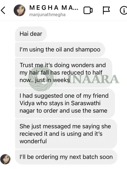 This client's hair fall was reduced to half in just weeks. She was so happy that she immediately recommended my products to her friend.