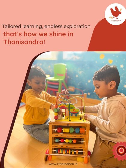 Tailored learning, endless exploration. Two boys collaborate on a wooden activity center, a great example of the hands-on, engaging play we offer at our Thanisandra campus.