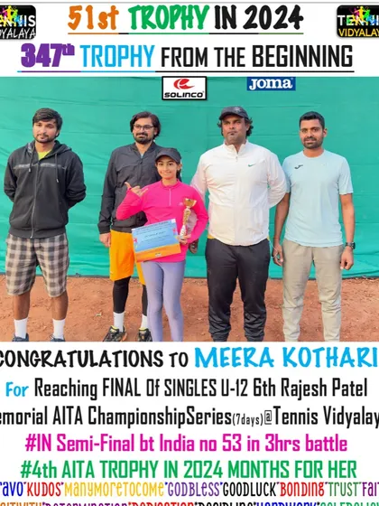 Congratulations to Meera Kothari for reaching the final of the Singles U-12 at the 6th Rajesh Patel Memorial AITA Championship Series.