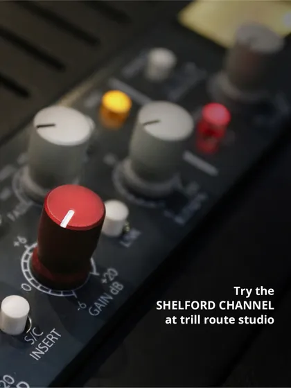 The beautiful red gain knob of the Shelford Channel, waiting for you to dial in the perfect tone. Come try this incredible piece of equipment at our studio.