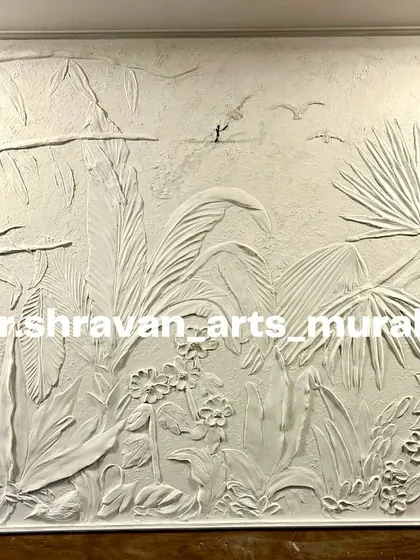 This is a great example of my signature 3D sculpted art. I built up layers of a special compound to create this dense, white-on-white tropical jungle. Every leaf and flower is hand-carved, creating a piece with incredible depth and texture that invites you to touch it.