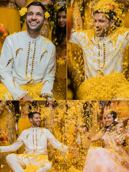 A collage showing the groom's journey through the Haldi, from a clean start to being completely covered in flowers and turmeric. It’s a fun story of transformation.