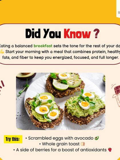 Did you know a balanced breakfast sets the tone for your entire day? I recommend combining protein, healthy fats, and fiber, like scrambled eggs with avocado on whole-grain toast, to stay energized and focused.