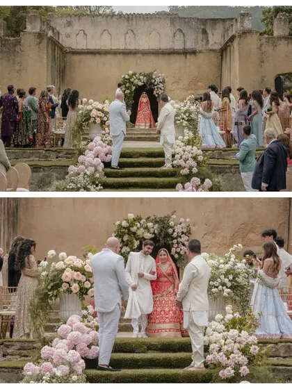 The bride's entrance at this stunning outdoor ceremony in Portugal. A collective gasp went up as Sheline appeared, and her brother walked her down the aisle to her groom, Kingsley.
