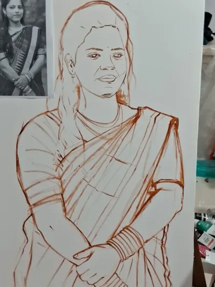The line drawing for a commissioned portrait, based on a reference photograph shown in the corner. This is the first step in translating a photo into a painted work.