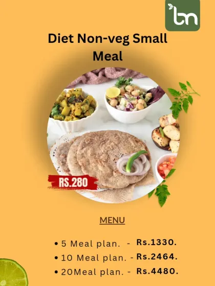 This menu card details the pricing for our Diet Non-veg Small Meal. It provides clear information on the cost per meal and the different subscription plans available for you to start your health journey.